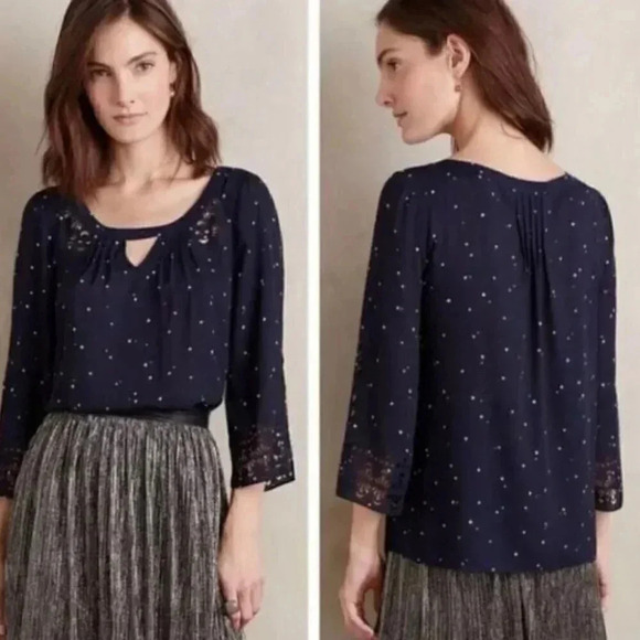 Anthropologie Maeve Star Print Laser Cut Blouse Navy White Women's Size 2 - Picture 8 of 9
